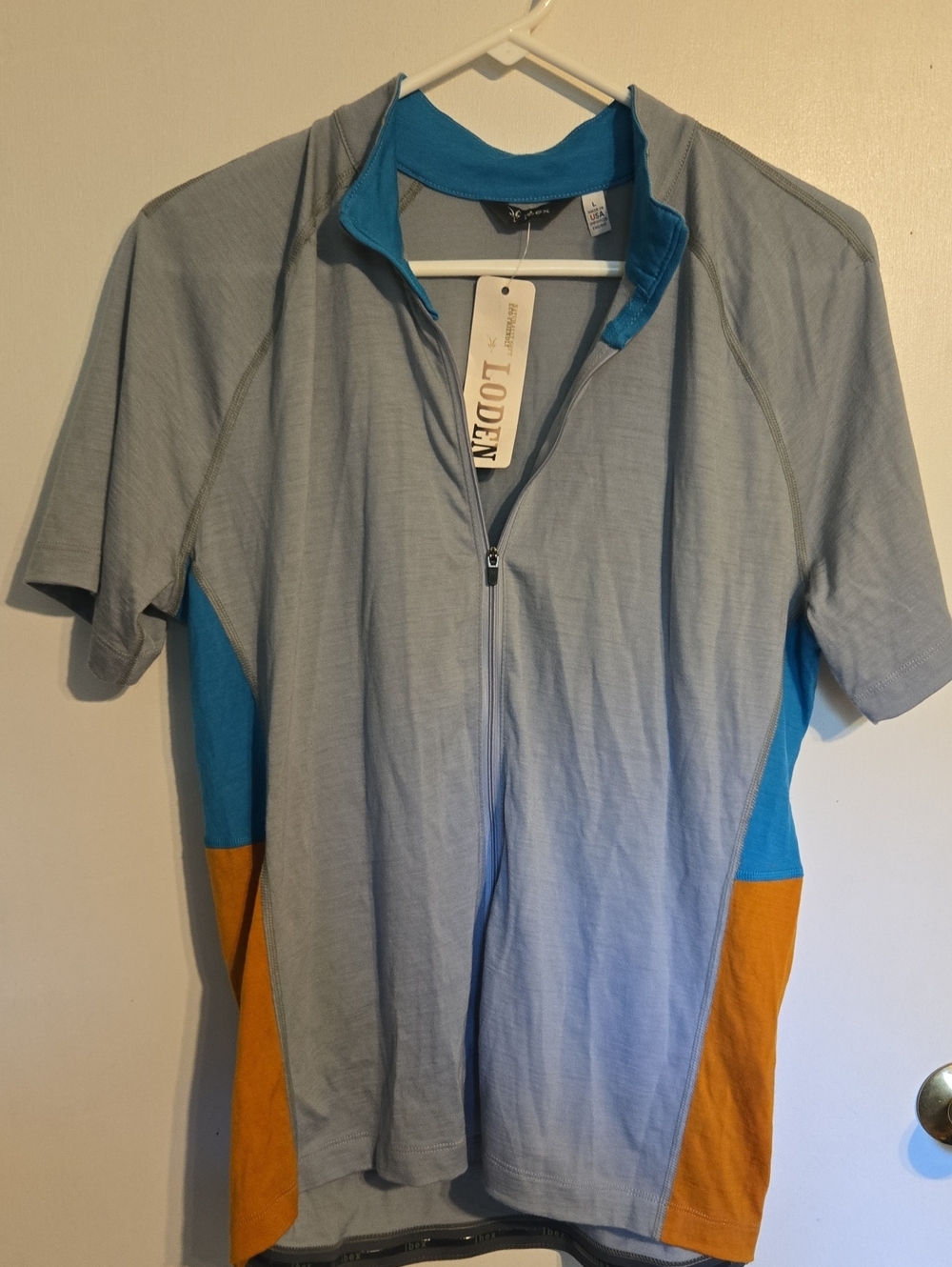 ibex Men's Short-Sleeve Cycling Jersey in Light Gray, Blue & Orange